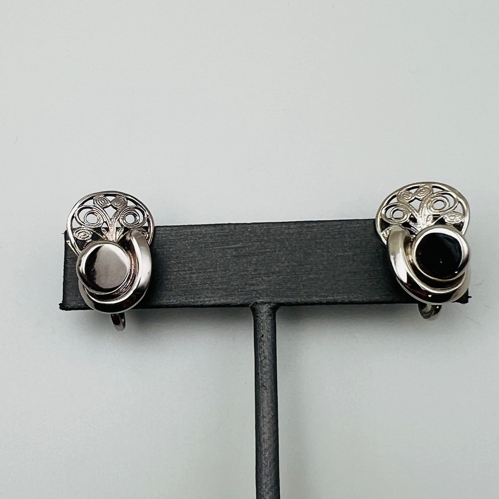 Vintage Alice Screw Back Earrings Silver Tone Modernist‎ Brushed Filigree
